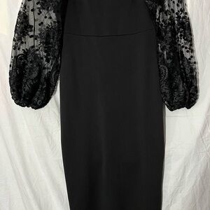SHEIN Black Midi Dress with Sheer Embroidered Balloon Sleeves